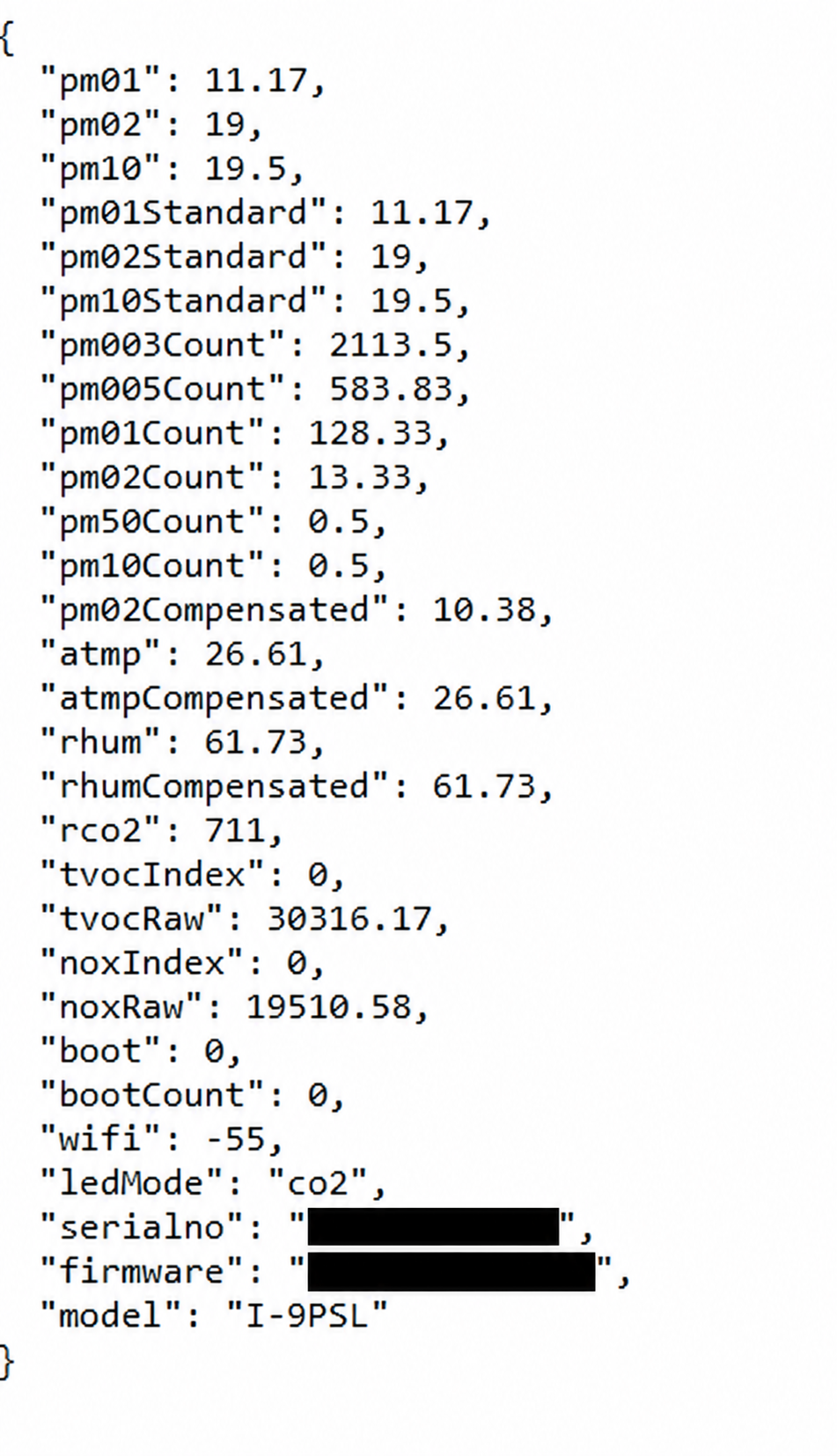AirGradient current measurement JSON with serial number and obsolete firmware value redacted