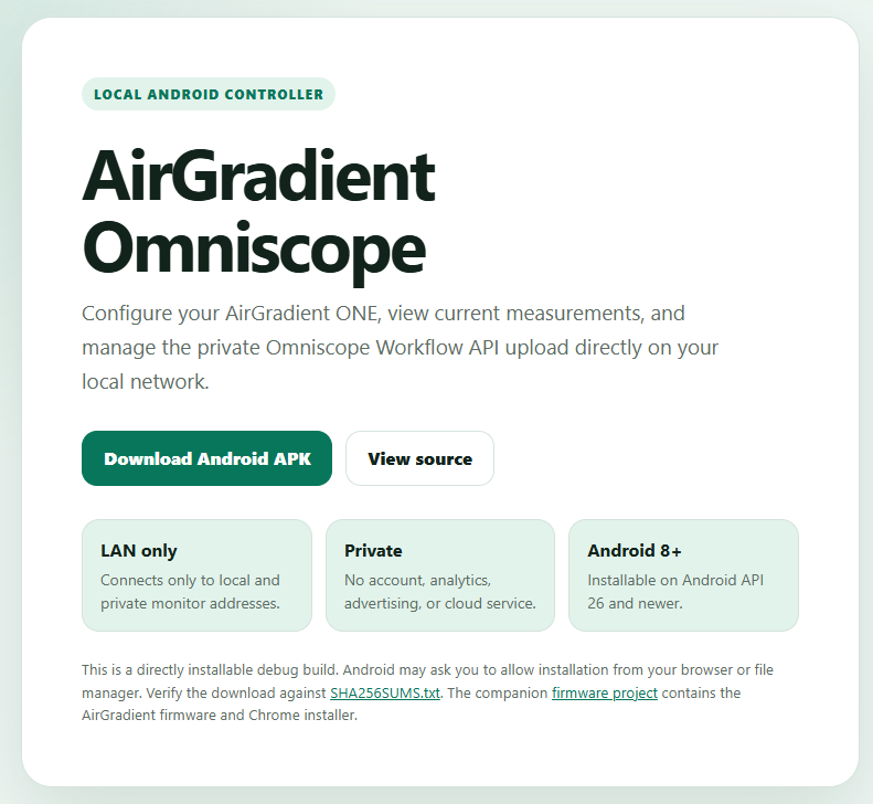 Download page for the private AirGradient Omniscope Android controller