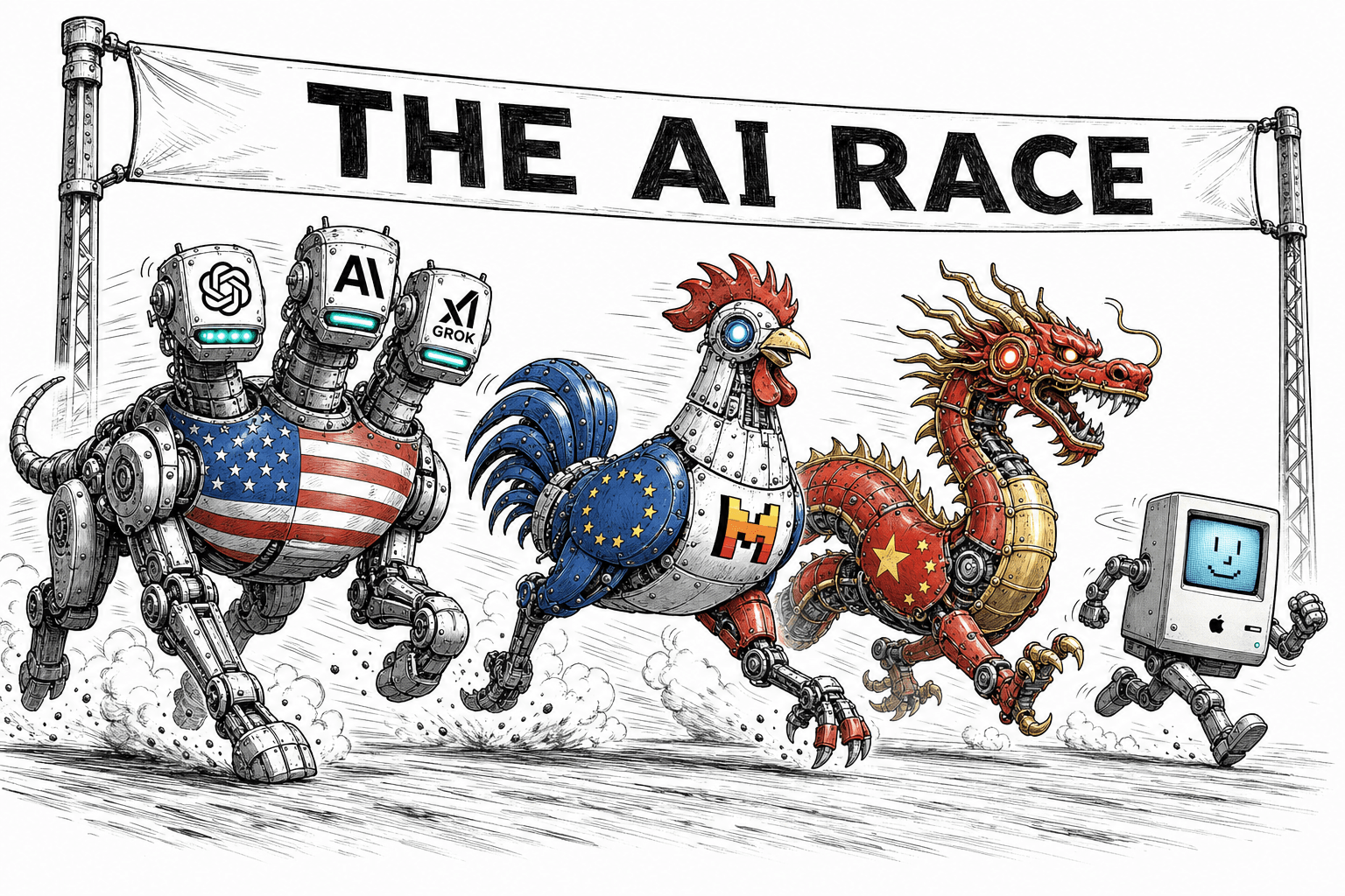 Illustration of competing AI model providers represented as robot racers