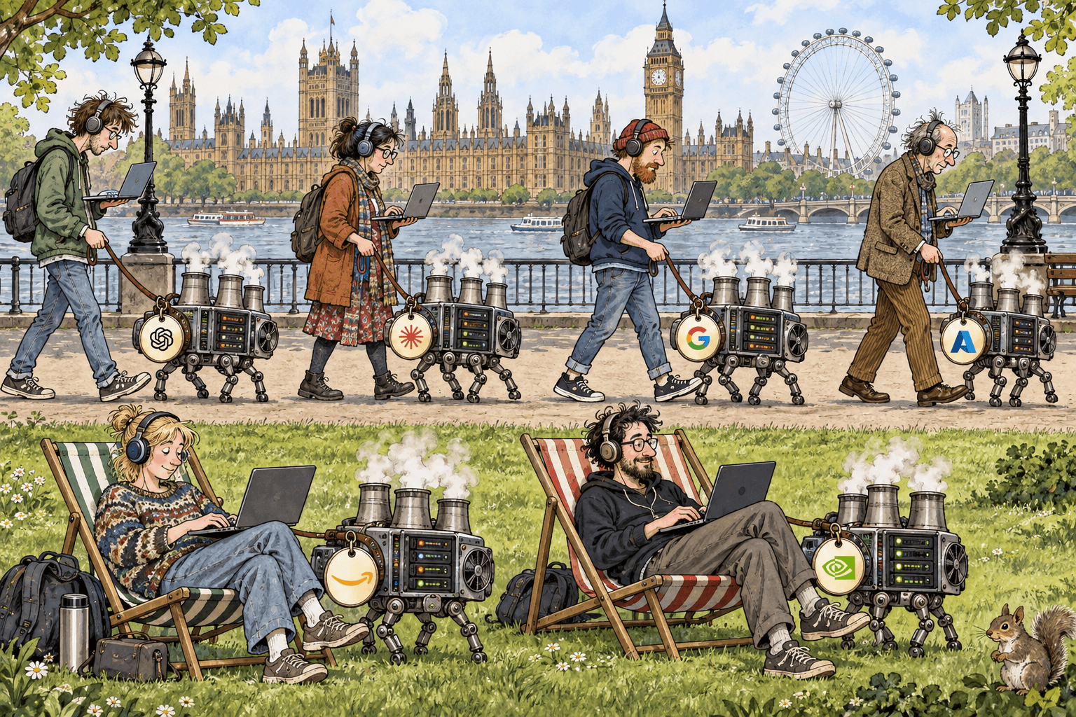 An illustrated London scene with people coding beside small dog-like power stations carrying AI and cloud company logos