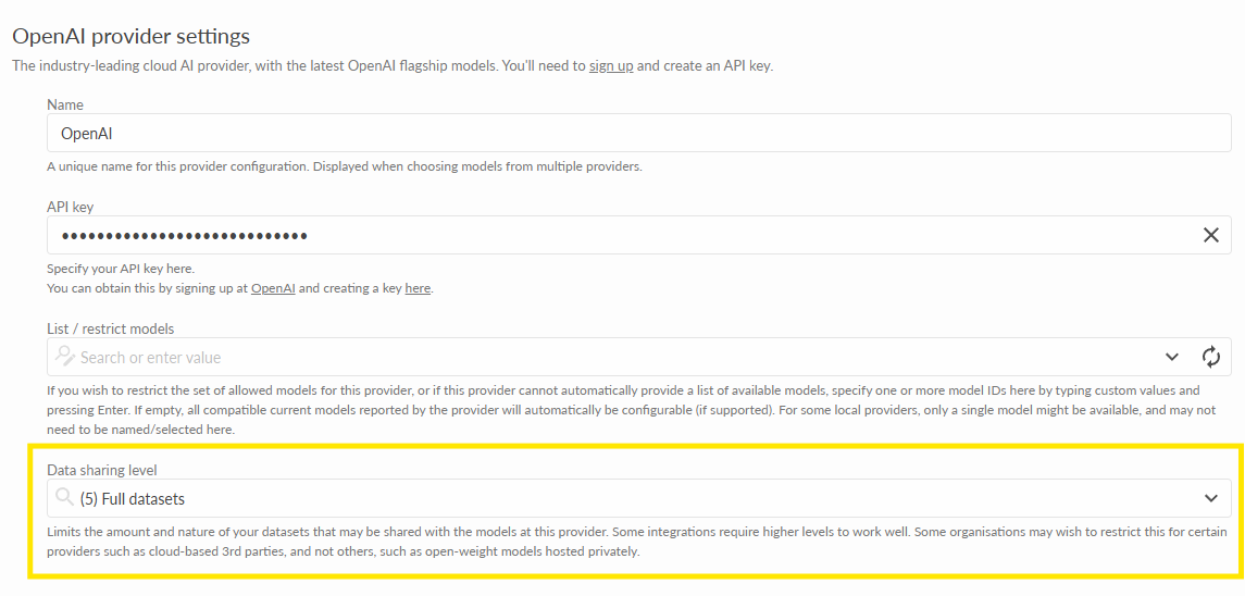 Omniscope AI provider settings with the API key masked and the data-sharing level highlighted