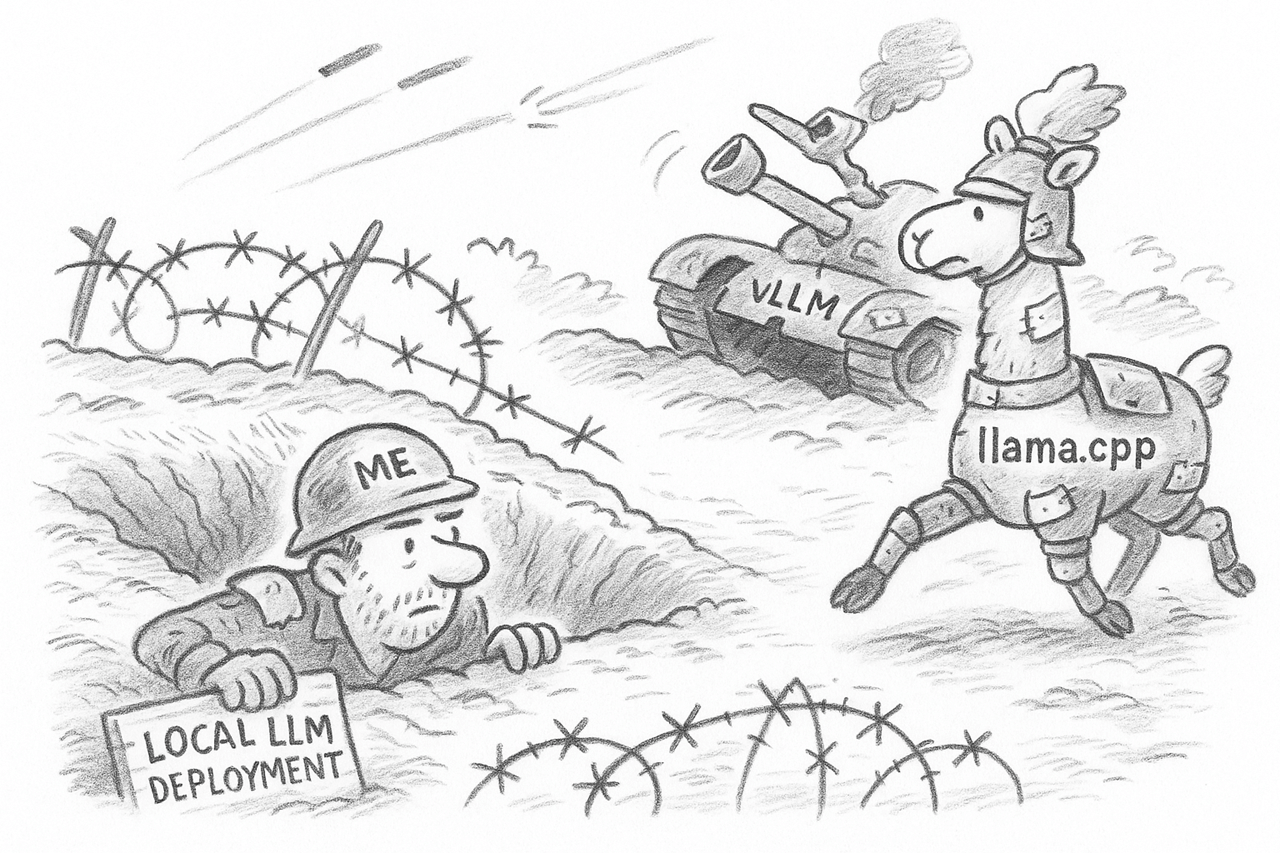 Cartoon of llama.cpp carrying a developer past a stalled vLLM tank during a difficult local LLM deployment