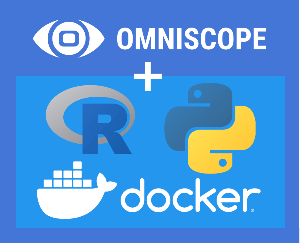 Omniscope, R, Python and Docker logos arranged around a central shield