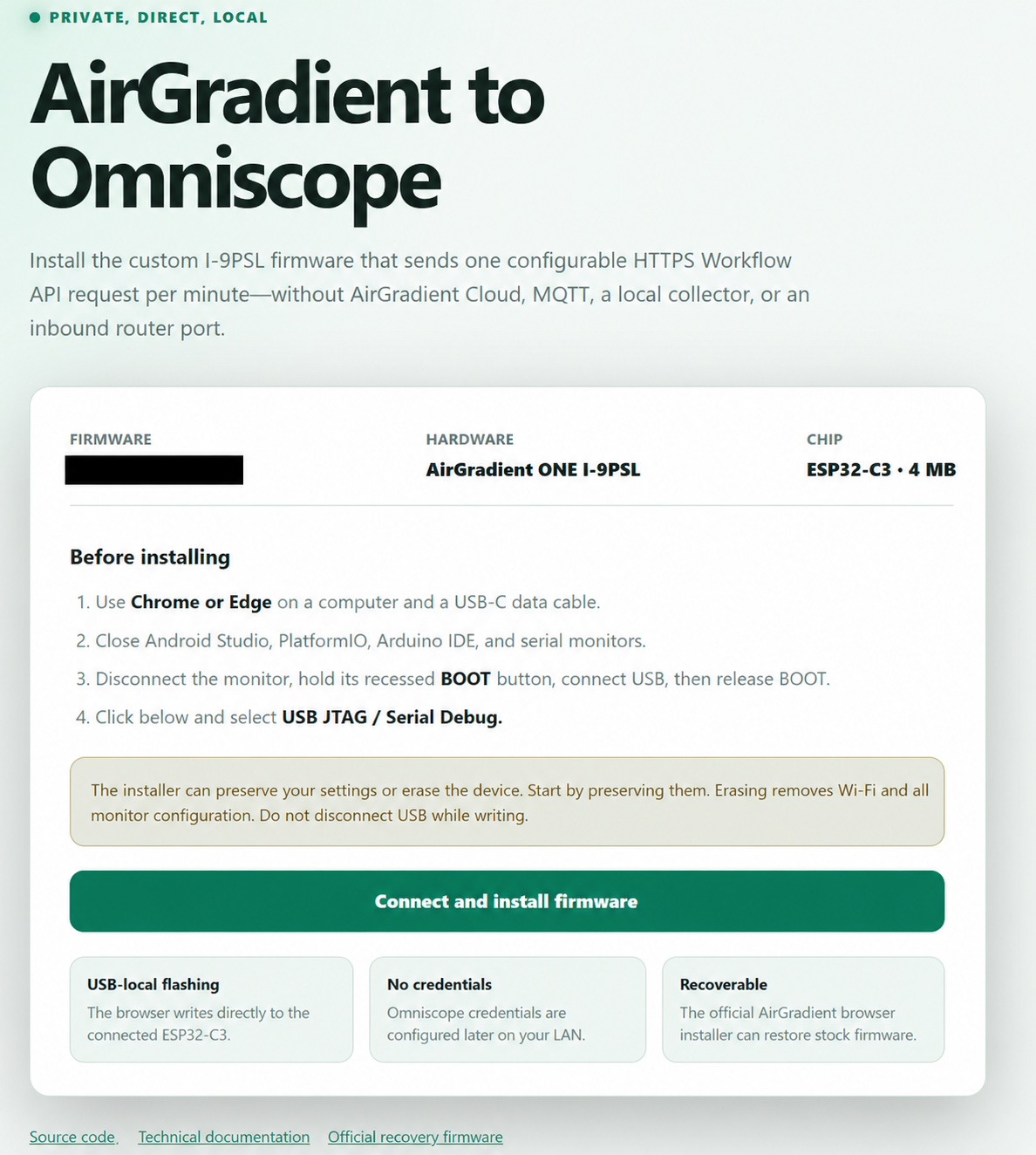 AirGradient to Omniscope browser firmware installer with obsolete version number redacted
