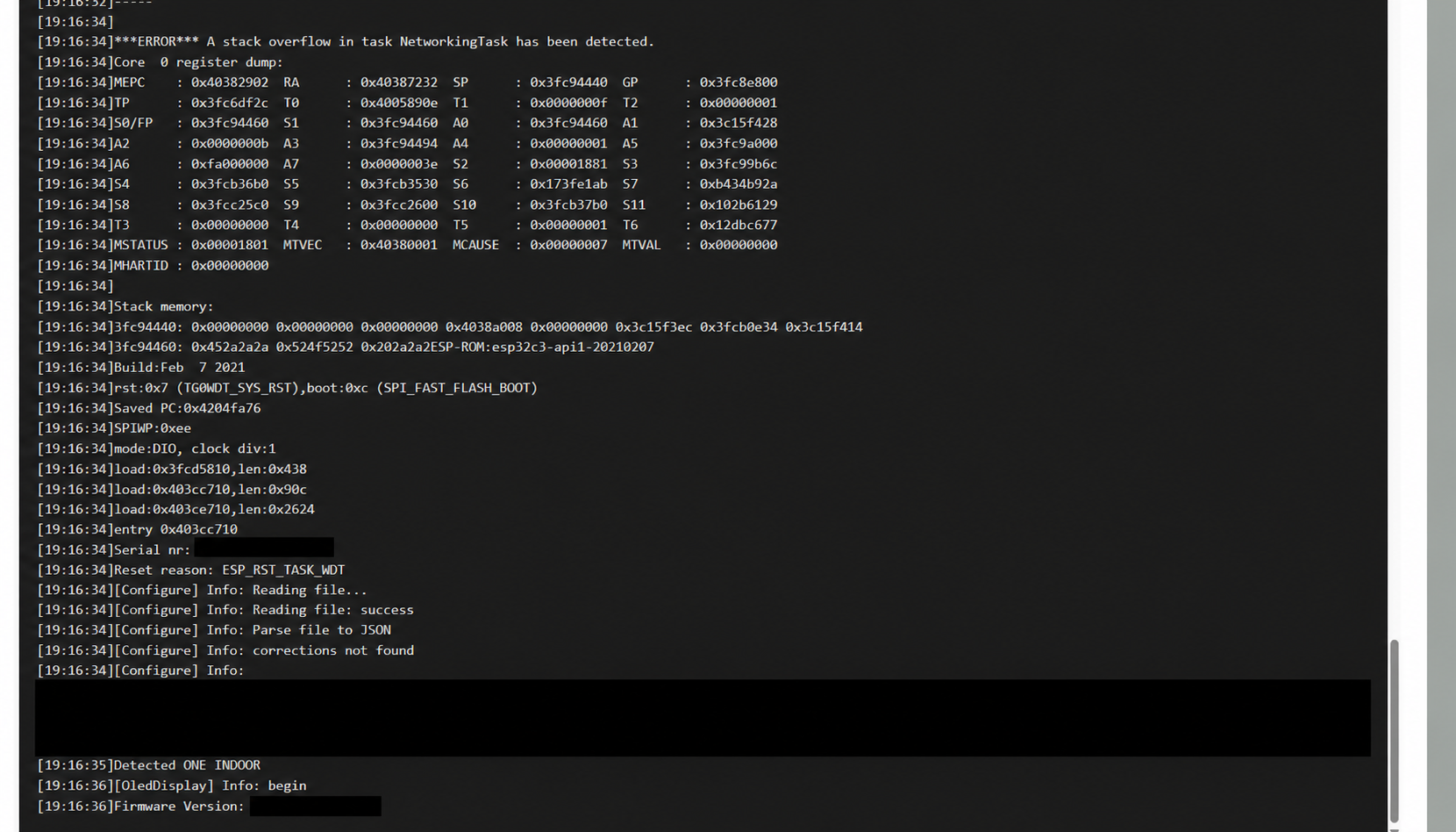 ESP32-C3 serial console showing a networking-task stack overflow, with device configuration and identifiers redacted