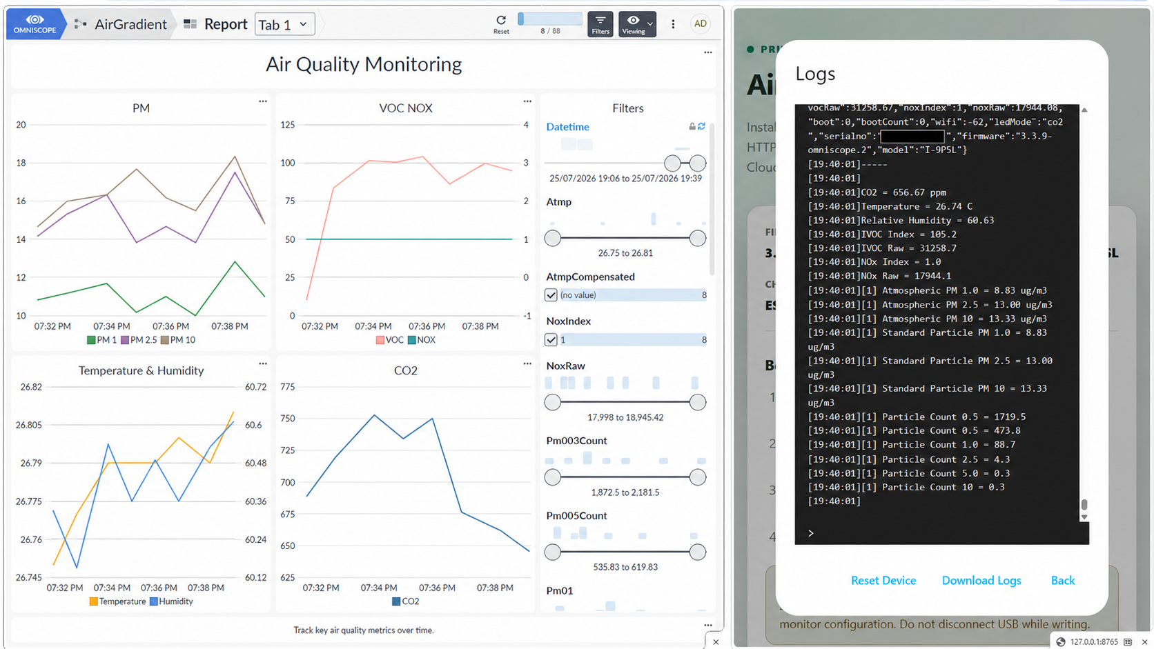 AirGradient measurements visible simultaneously in the Omniscope report and device log, with the serial number redacted